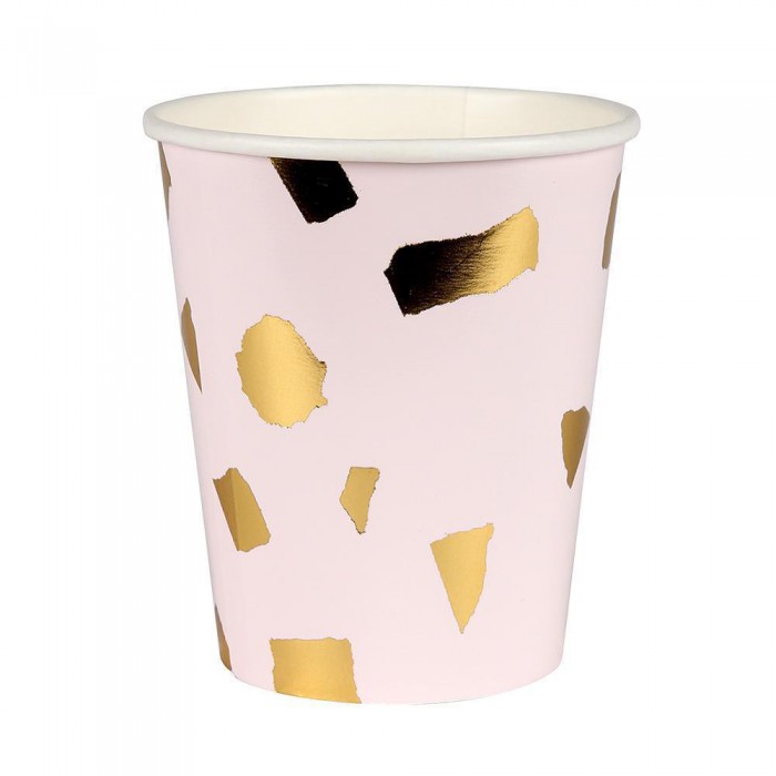 Rožiniai puodeliai su aukso detalėmis (8vnt)